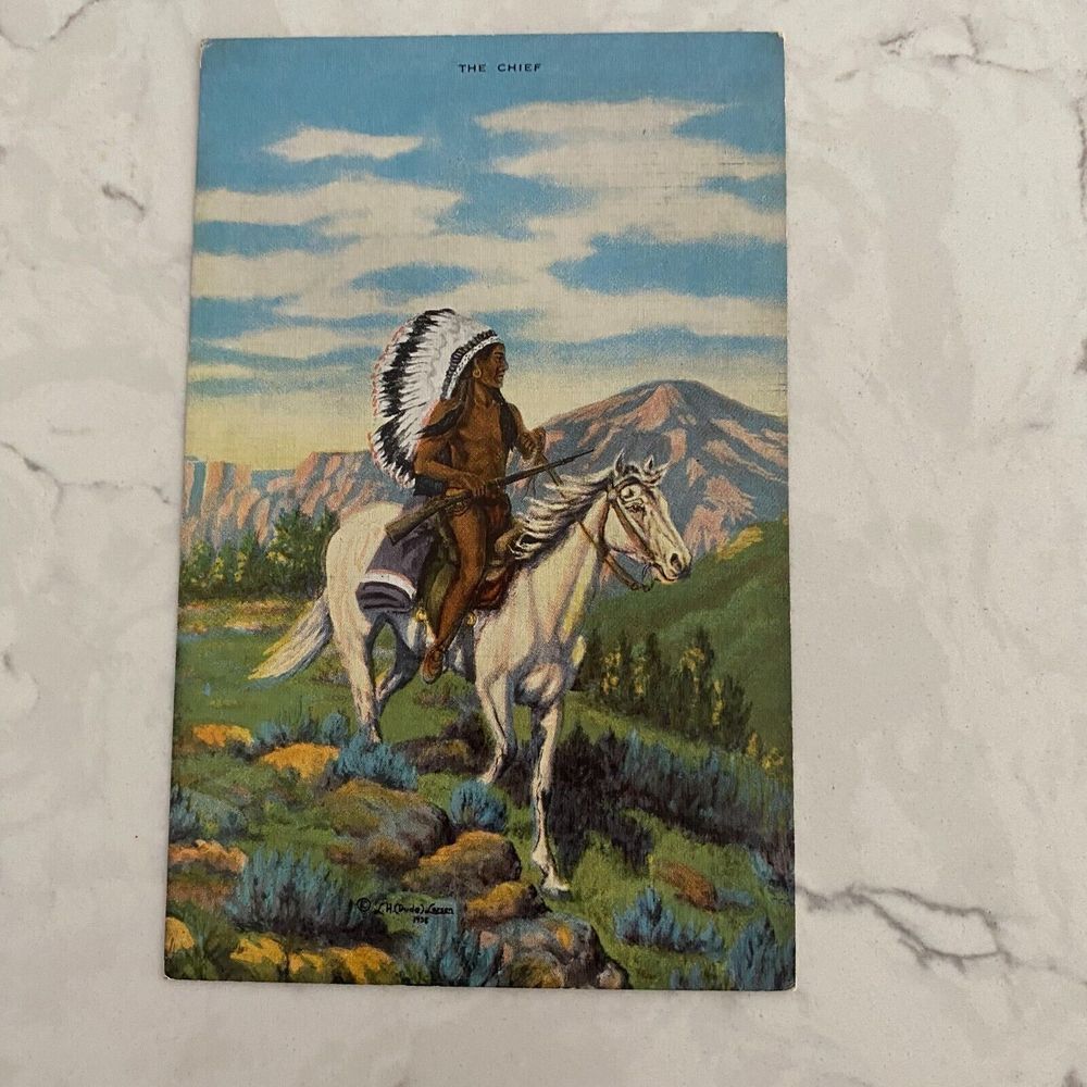 L.H. Dude Larsen The Chief Riding Through the Mountains Post Card Historical